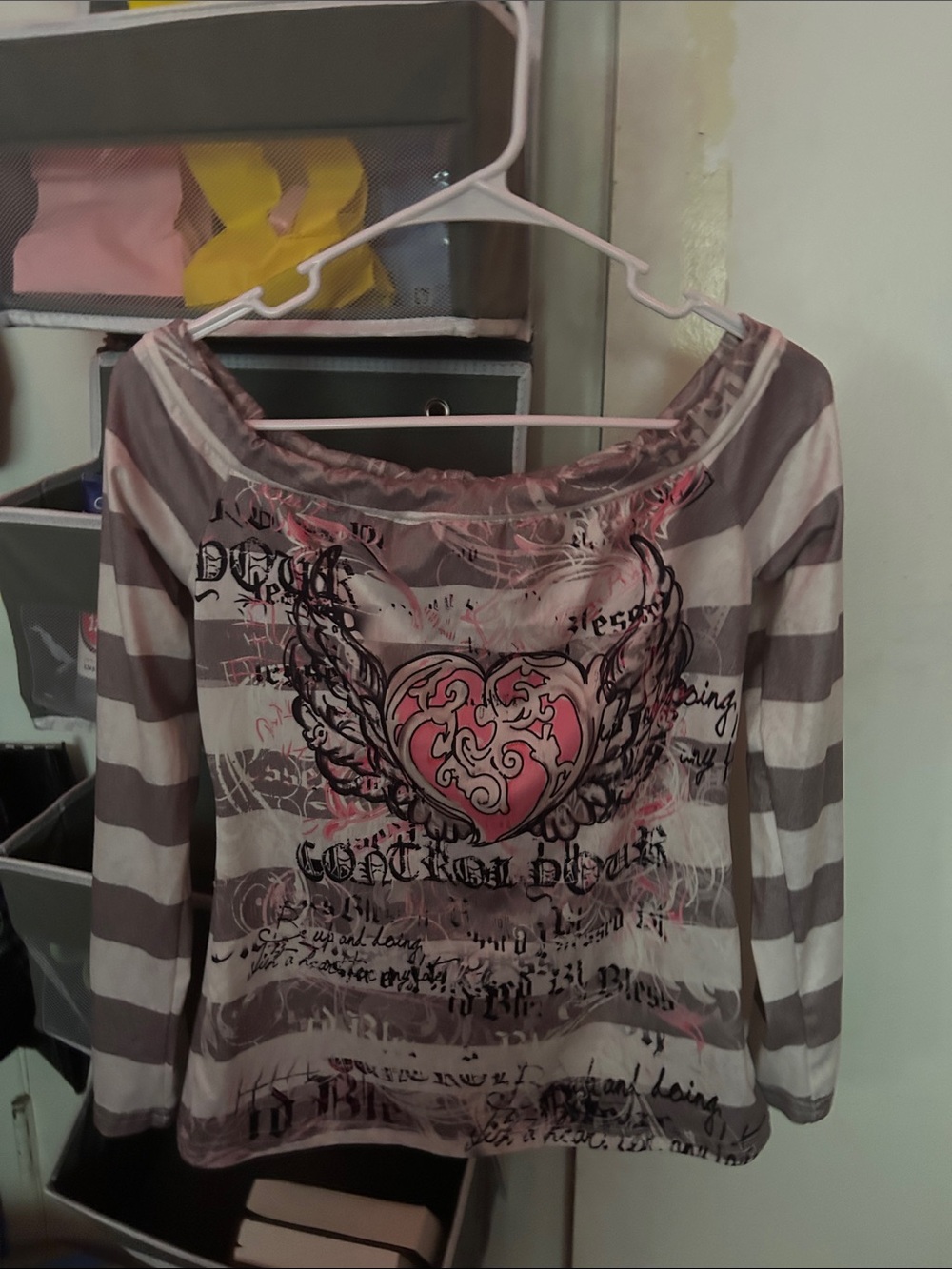 SHEIN Gray & White Striped Tunic with Pink Heart Wing Graphic